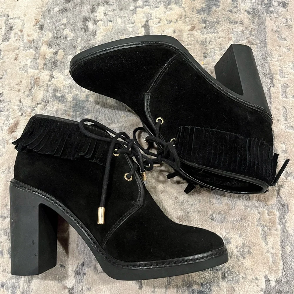 Tory Burch fur lined chunky heel fringe booties, Women’s 7